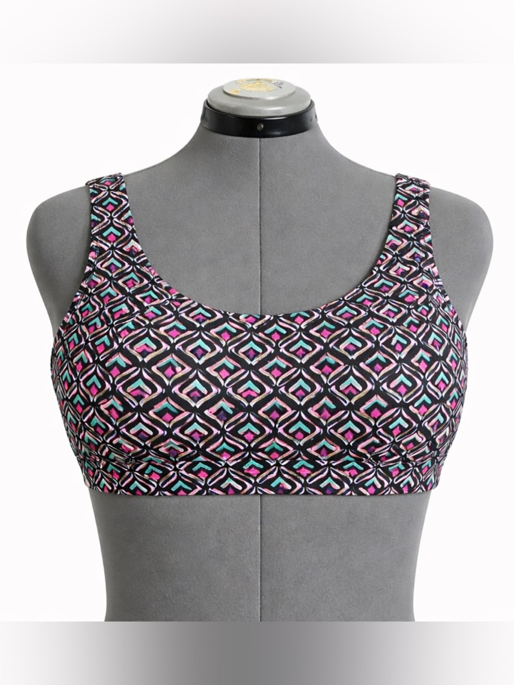 NWT Geometric Scoop Bikini Top Black Pink Teal Tie Back Medium Sol Borne Y2K